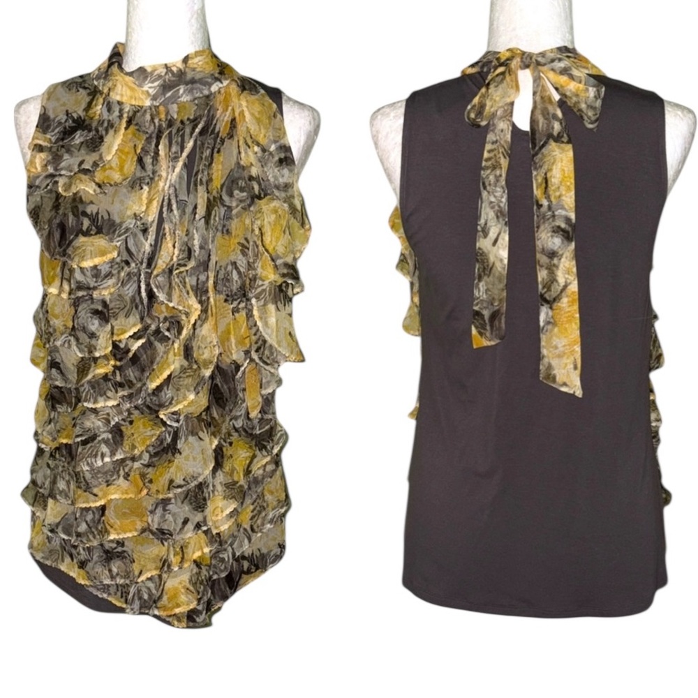 Helios & Luna Vintage Silk Yellow & Gray Ruffle Tie Back Sleeveless Top - M
